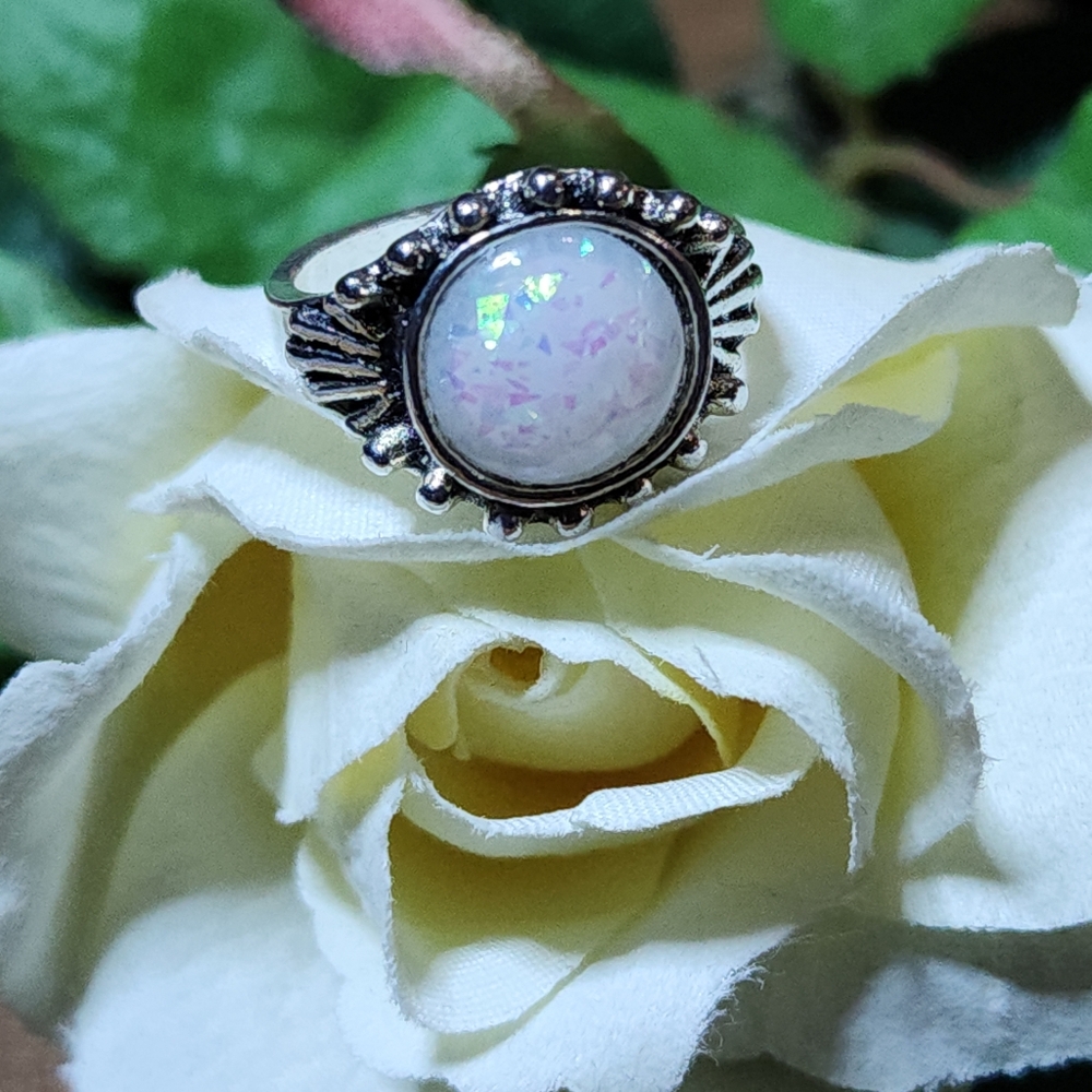 Faux Antique Silver Toned Cocktail Ring With Faux Opal Size 6